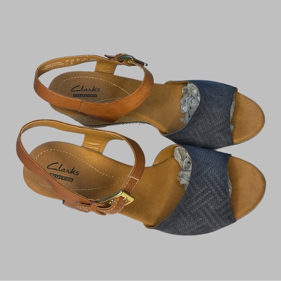 Clarks Collection Sandals Cork Wedge Open Toe Ankle Straps Blue Tan 9.5 - Picture 7 of 16